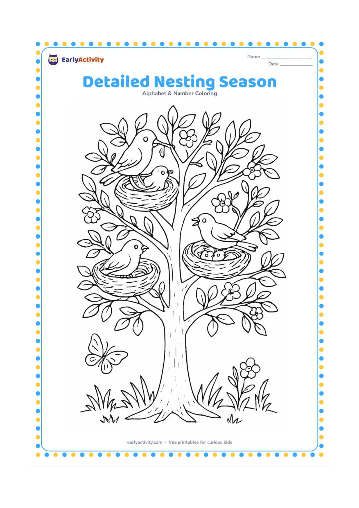 Colouring page: Draw a leafy spring tree filled with several bird nests at different heights, including parent birds carrying twigs and chicks peeking from one nest. Add flowering branches, grass, and a…