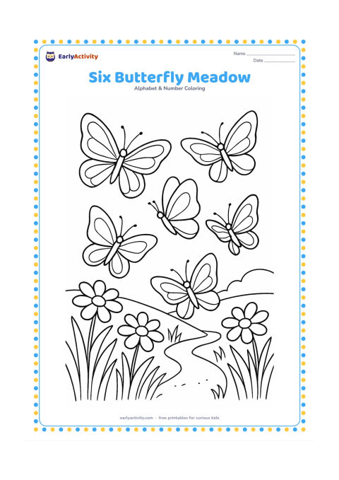 Colouring page: Draw exactly six butterflies visiting a meadow of large flowers, with butterflies in different wing positions and flight paths. Add tall grass, a small footpath and a low hill, but no…
