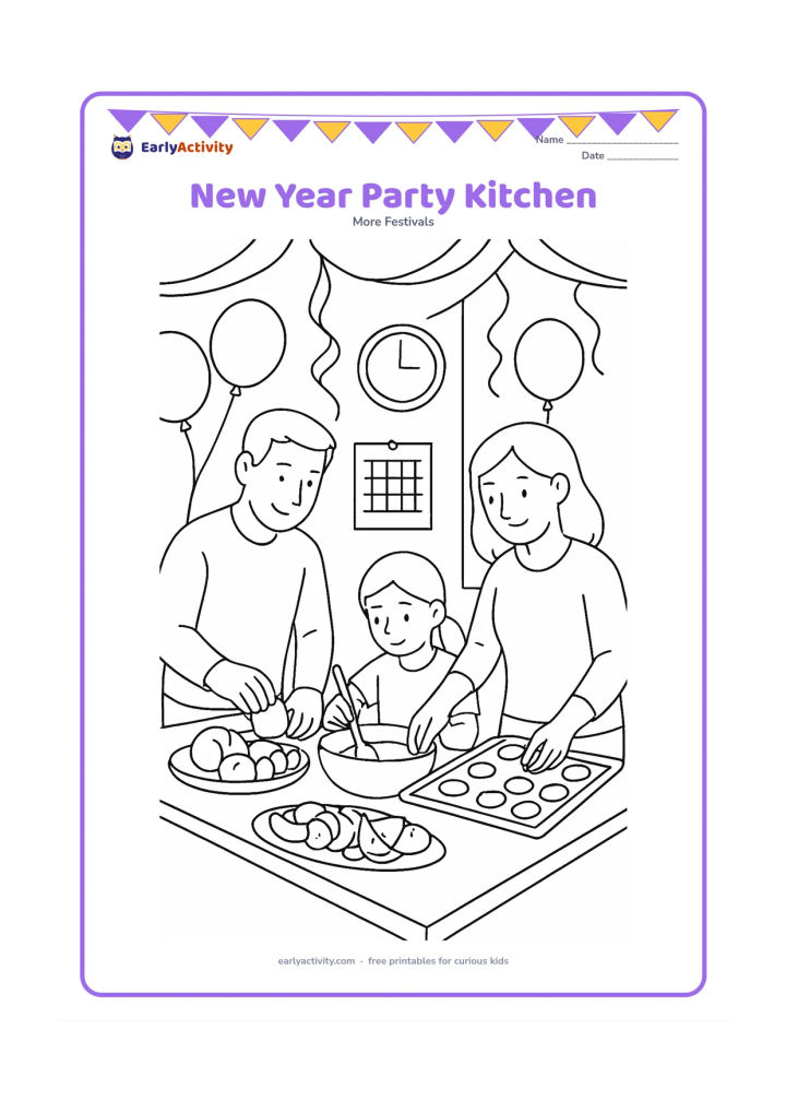 Colouring page: A family works together in a home kitchen preparing simple festive food, with one child mixing, another arranging fruit and an adult placing snacks on a tray. Add balloons, hanging…