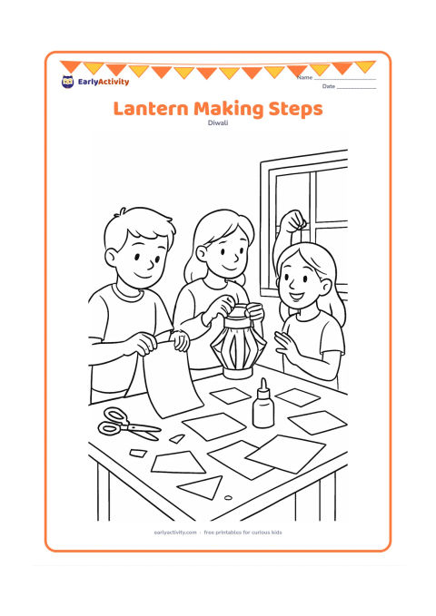 Colouring page: Three children make paper lanterns at different stages: measuring folded paper, assembling a lantern, and displaying the finished lantern near a window. Include a craft table, paper…