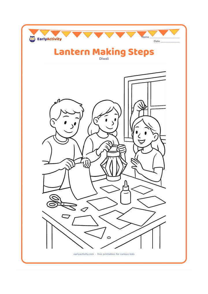 Colouring page: Three children make paper lanterns at different stages: measuring folded paper, assembling a lantern, and displaying the finished lantern near a window. Include a craft table, paper…