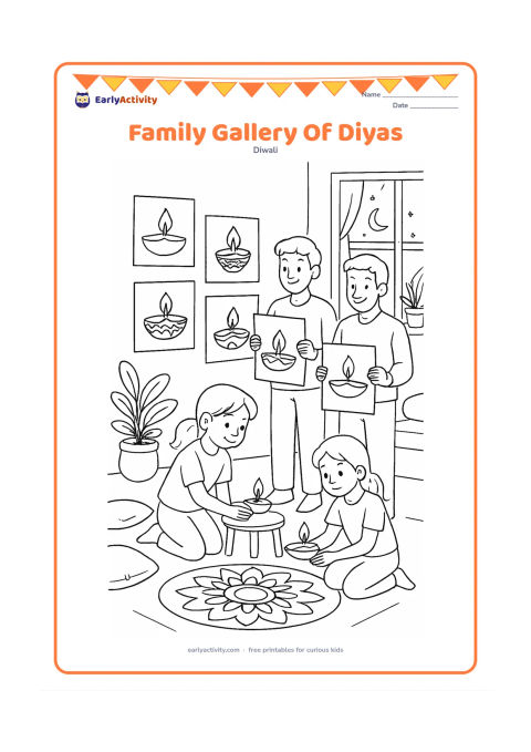 Colouring page: Children and adults display several coloured diya artworks on a blank wall while another child places a real diya on a nearby table. Include a rangoli on the floor, cushions, potted…