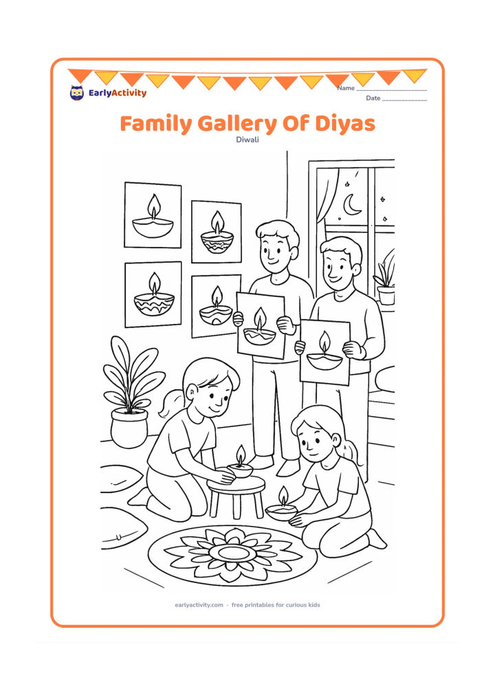 Colouring page: Children and adults display several coloured diya artworks on a blank wall while another child places a real diya on a nearby table. Include a rangoli on the floor, cushions, potted…
