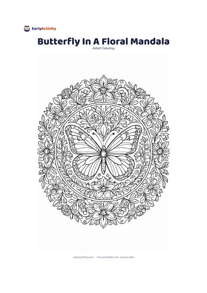 Colouring page: Center a butterfly with fully open wings inside a large circular arrangement of flowers, leaves, vines, and repeating petal shapes. Extend the mandala around the butterfly without…