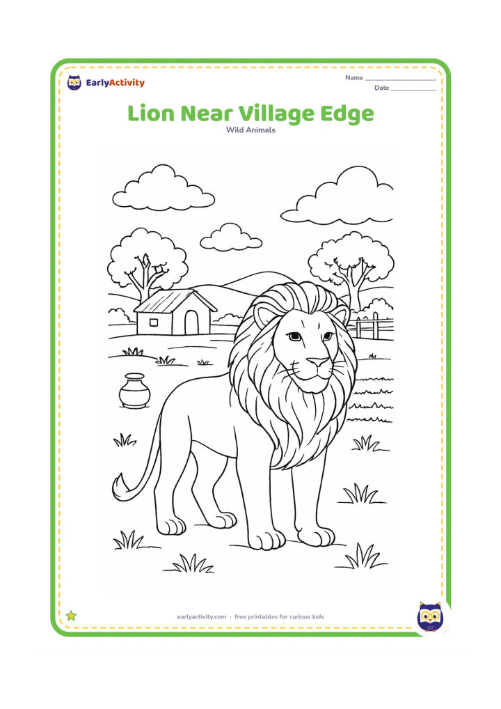 Colouring page: A calm lion stands at the edge of a rural Indian landscape, with a distant mud-brick house, a fenced field, neem-like trees, a water pot, and open grassland between the lion and…