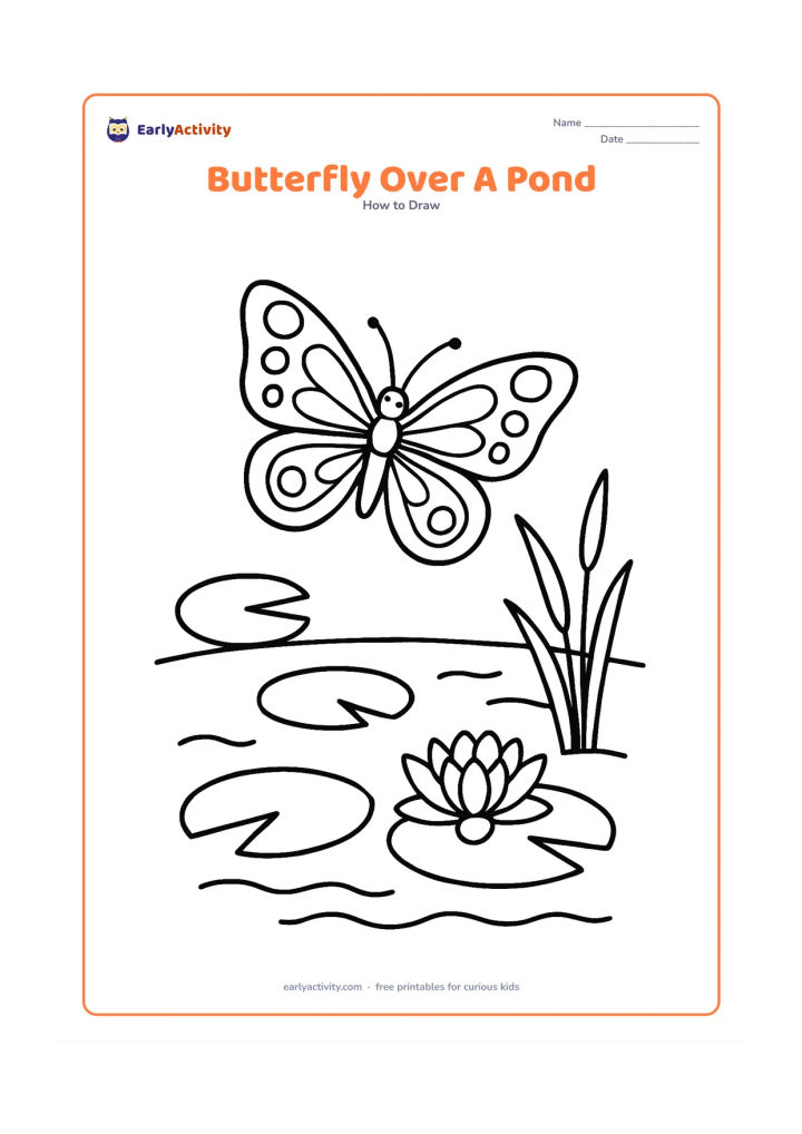 Worksheet: Show a butterfly flying above a pond with broad lily pads, one water flower, reeds and a few curved water lines. The butterfly should have open patterned wings with simple bands and circles.