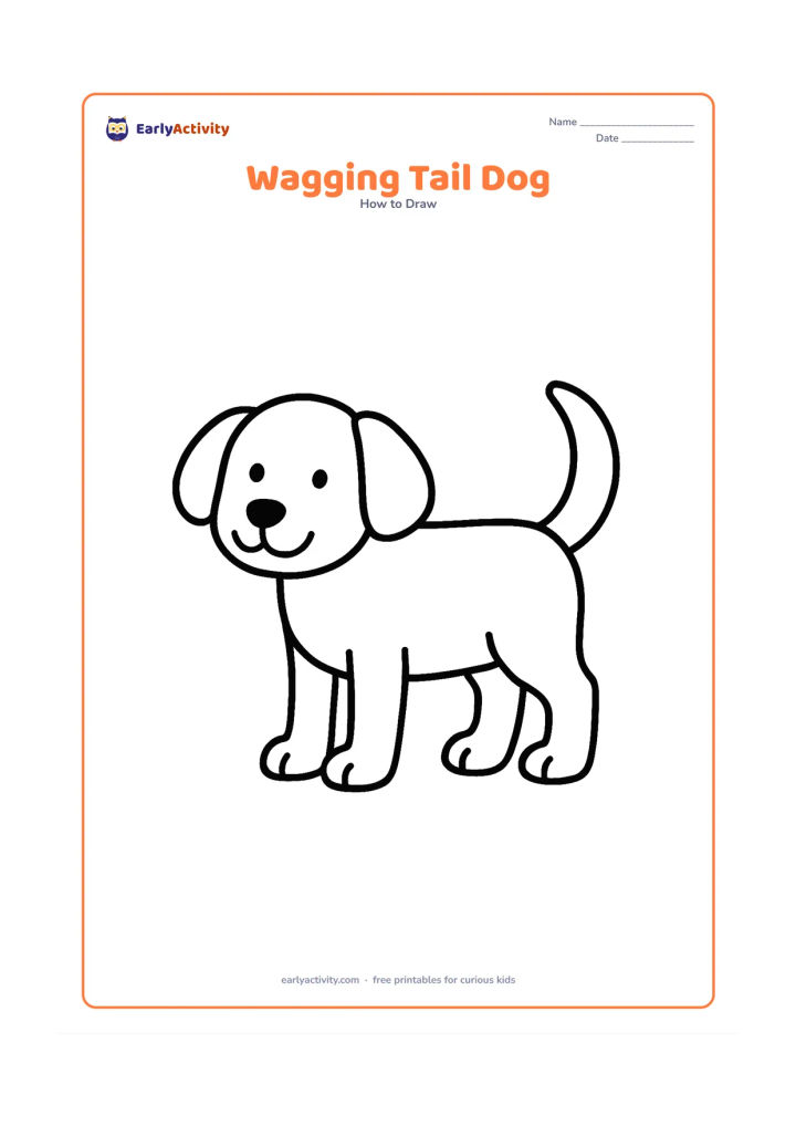 Worksheet: Show blank, unlabeled stages for a standing dog with a round head, long ears, four legs and a large curved wagging tail. Place the finished dog alone in the center.