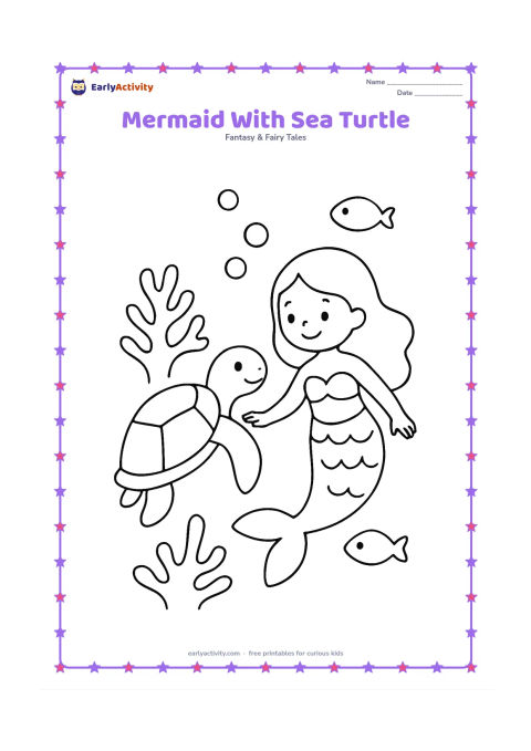 Colouring page: A mermaid swims beside a friendly sea turtle, holding one hand near its shell. Add a large coral shape, a few bubbles and two simple fish in the open water.