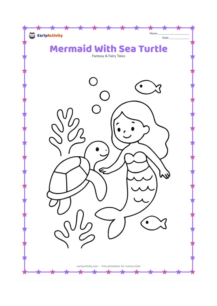 Colouring page: A mermaid swims beside a friendly sea turtle, holding one hand near its shell. Add a large coral shape, a few bubbles and two simple fish in the open water.