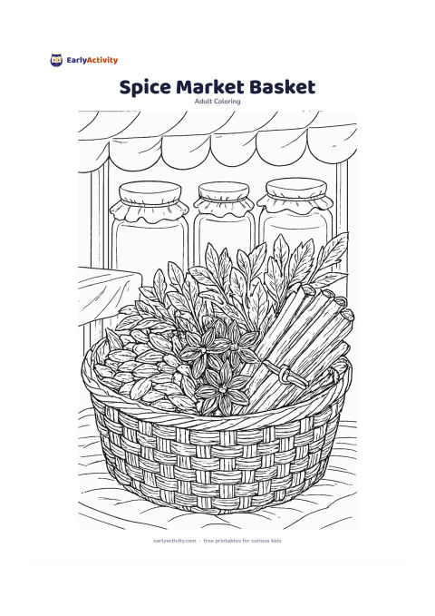 Colouring page: A woven basket overflows with cardamom pods, cinnamon sticks, star anise, chillies and leafy herbs on a market stall, with jars and cloth awnings behind it. Make the basket weave, spice…