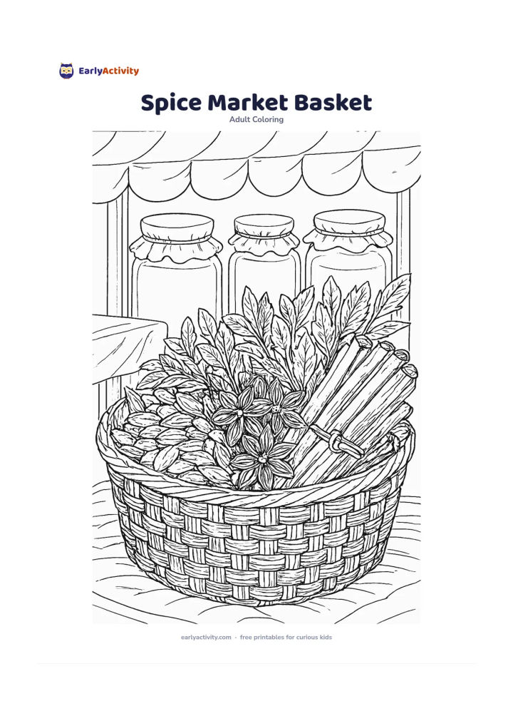 Colouring page: A woven basket overflows with cardamom pods, cinnamon sticks, star anise, chillies and leafy herbs on a market stall, with jars and cloth awnings behind it. Make the basket weave, spice…