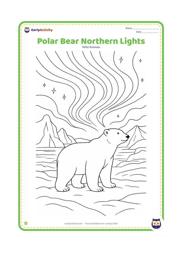 Colouring page: A polar bear stands on an Arctic shore beneath sweeping northern lights, with icebergs, snowdrifts, stars, and a calm sea in the background.