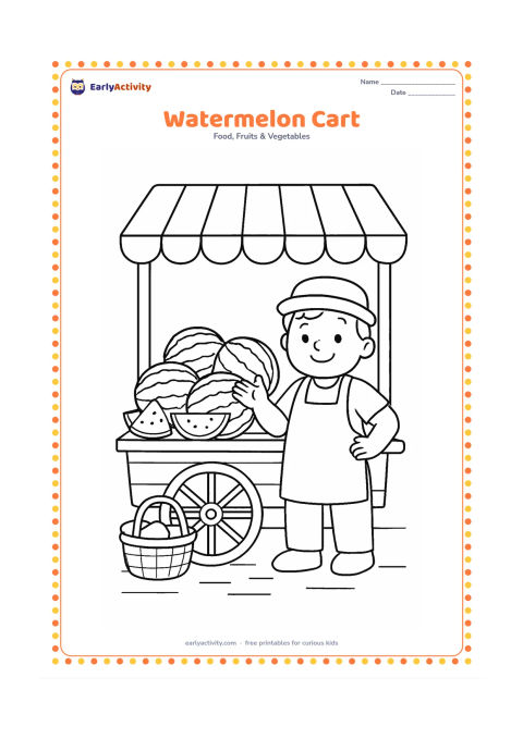 Colouring page: Draw a friendly fruit seller beside a handcart loaded with whole watermelons and slices. Include a simple market awning, a basket and a few paving lines, with no signs or writing.