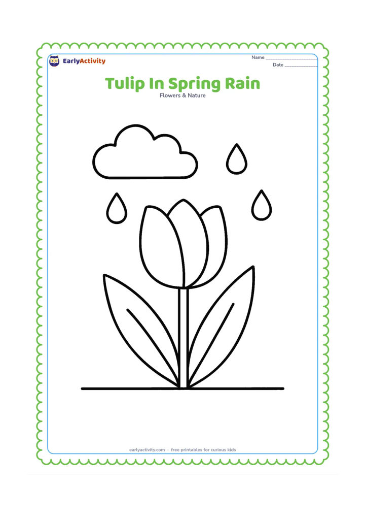 Colouring page: Draw one large tulip with two leaves beneath a simple cloud and a few widely spaced raindrops. Use a clear ground line and no detailed background.