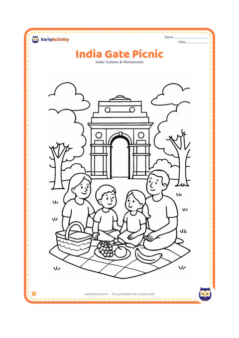 Colouring page: Draw a family picnic on the grass in front of India Gate, with a picnic basket, cloth, fruit and trees framing the scene. Everyone should be looking toward the monument or enjoying the…
