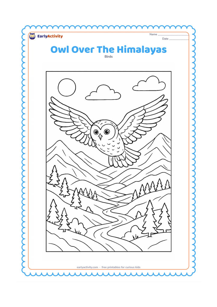 Colouring page: An owl glides above layered Himalayan foothills, with detailed mountain slopes, a winding stream, conifer trees and a clear daylight sky.