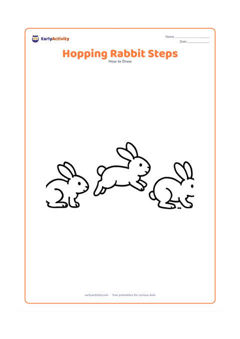 Worksheet: Show three side-view rabbits across the page demonstrating a hop: crouched with bent legs, stretched out in midair, and landing with front paws forward. Add small ground marks beneath…