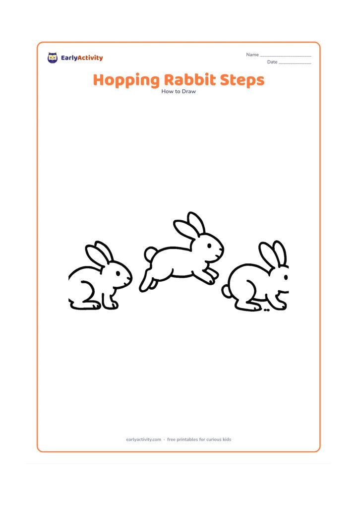 Worksheet: Show three side-view rabbits across the page demonstrating a hop: crouched with bent legs, stretched out in midair, and landing with front paws forward. Add small ground marks beneath…