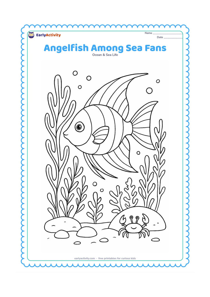 Colouring page: Draw an angelfish with flowing fins weaving between tall sea fans and delicate sea plants. Add a rocky seabed, bubbles, a small crab and distant coral shapes, with the fish turned…