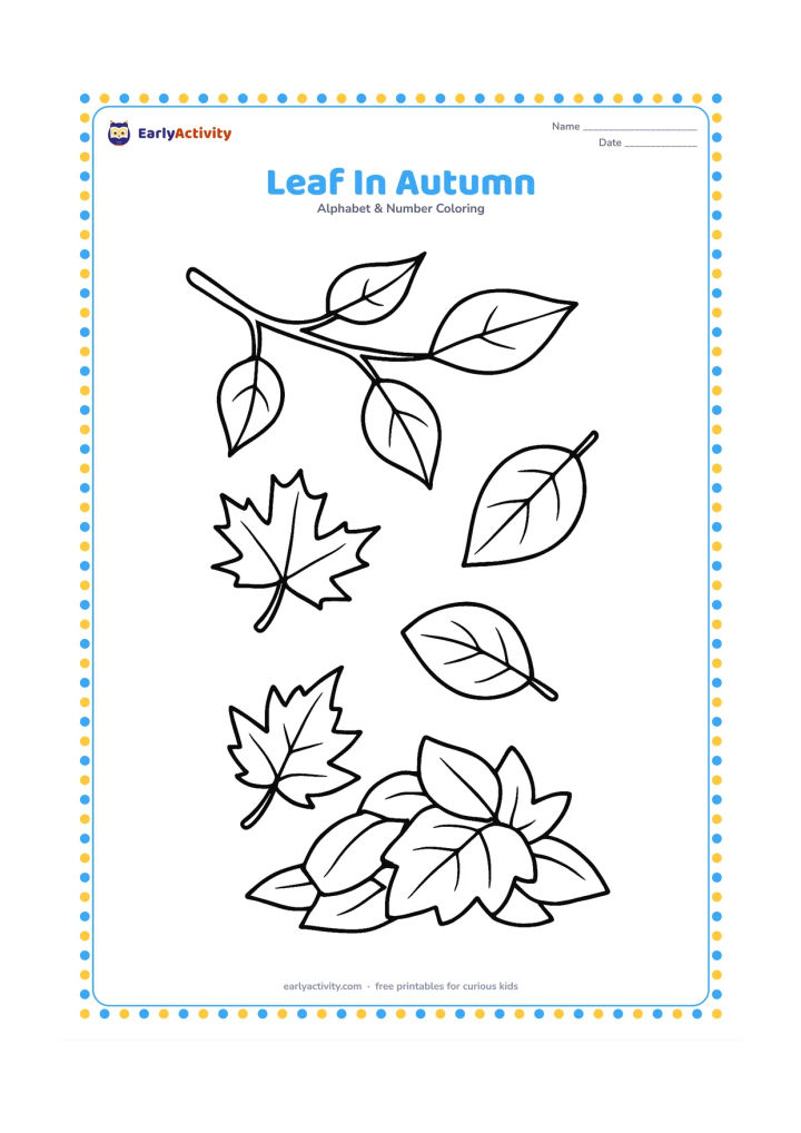 Colouring page: Draw several different large leaves falling from a small tree branch, including maple-like and rounded leaf shapes, with a little pile of leaves below. Leave open space between each leaf.