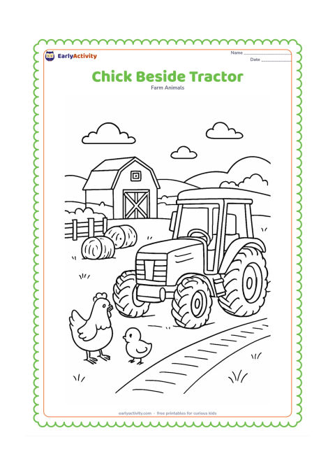 Colouring page: Draw a chick standing safely beside a parked small farm tractor, with a hen nearby. Add a barn, tire tracks, hay bundles, a fence, and distant rolling fields without any logos or writing.