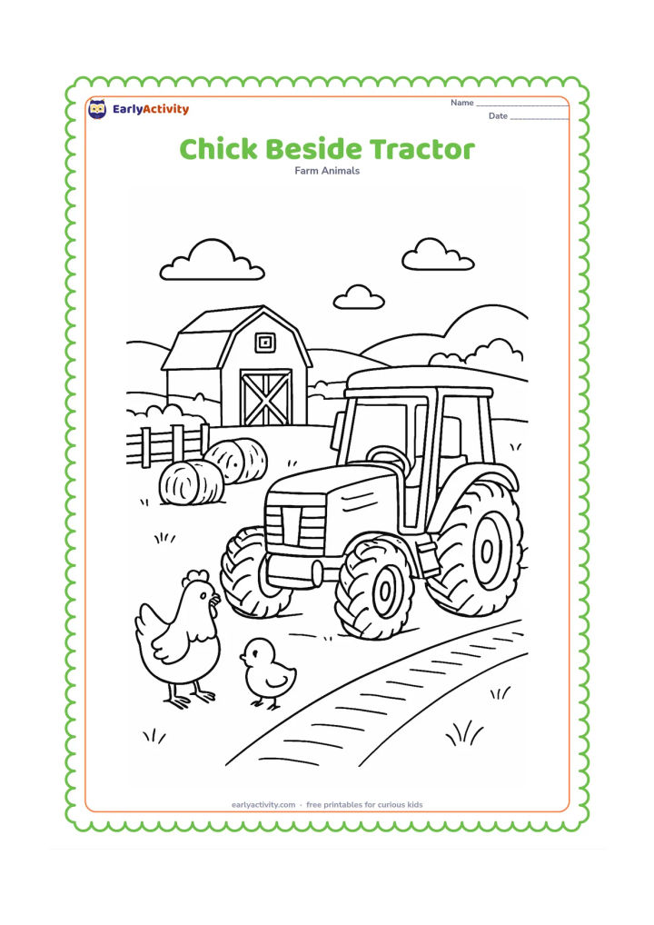 Colouring page: Draw a chick standing safely beside a parked small farm tractor, with a hen nearby. Add a barn, tire tracks, hay bundles, a fence, and distant rolling fields without any logos or writing.