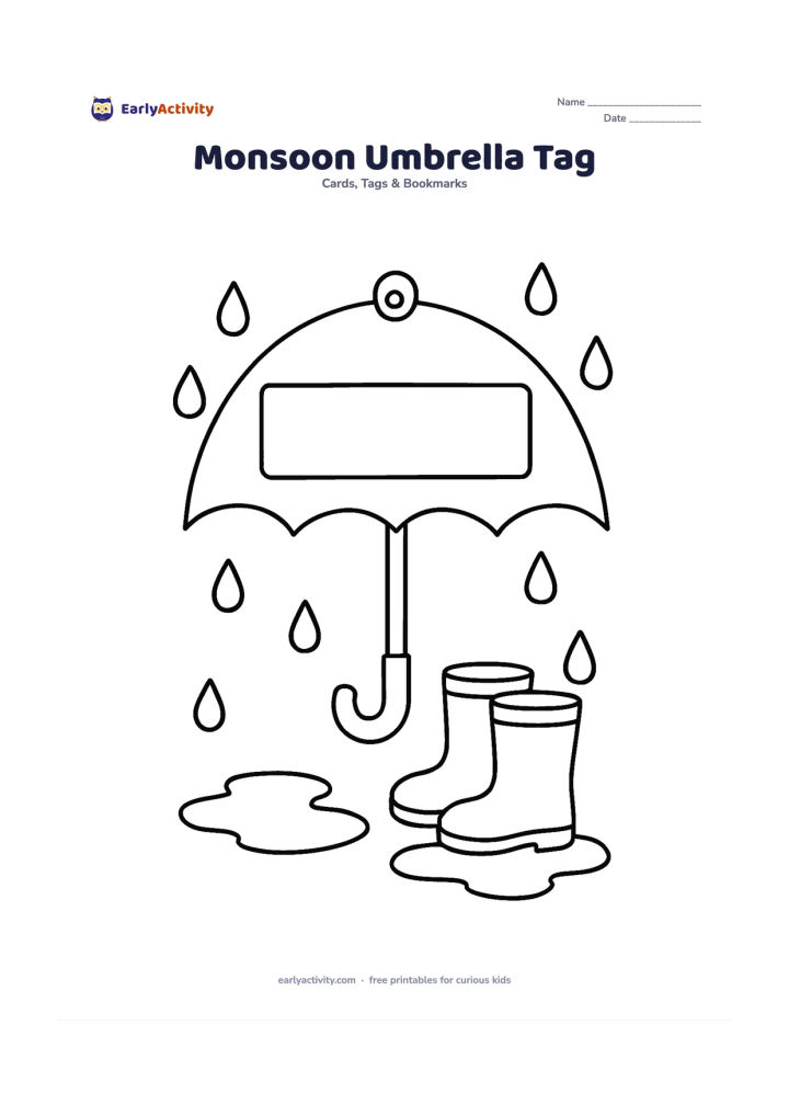 Worksheet: Draw an umbrella-shaped gift tag open in gentle rain, with a curved handle, several raindrops, two puddles and a small pair of rain boots below. Put a wide blank panel across the…
