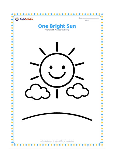Colouring page: Draw one large smiling sun high above a simple horizon with two soft clouds and a few broad sun rays. Keep the scene open, with no other objects that could be counted as a group.