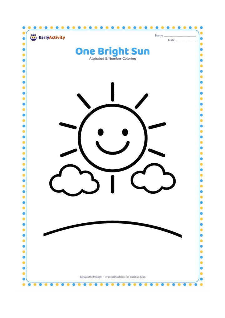 Colouring page: Draw one large smiling sun high above a simple horizon with two soft clouds and a few broad sun rays. Keep the scene open, with no other objects that could be counted as a group.