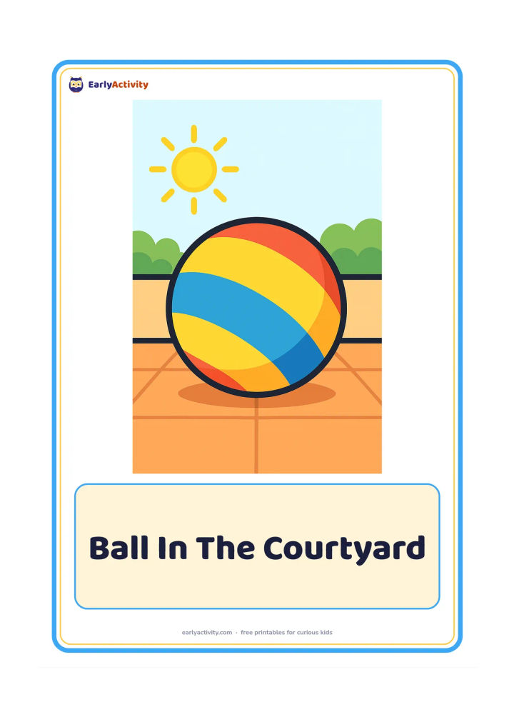 Flashcard: Draw a large striped ball resting in a sunny home courtyard, with two simple floor tiles and a low wall behind it. Show no people or extra objects.