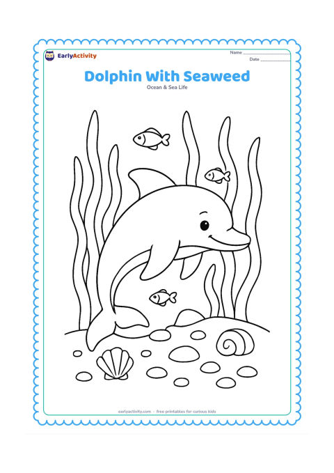 Colouring page: Draw one dolphin weaving between tall seaweed fronds above a sandy seabed, with shells, rounded stones, and a few small fish around it. Vary the seaweed heights while leaving open spaces…