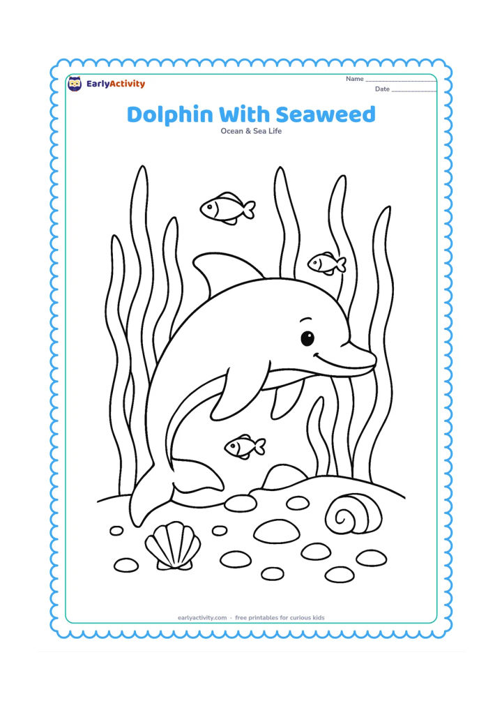 Colouring page: Draw one dolphin weaving between tall seaweed fronds above a sandy seabed, with shells, rounded stones, and a few small fish around it. Vary the seaweed heights while leaving open spaces…