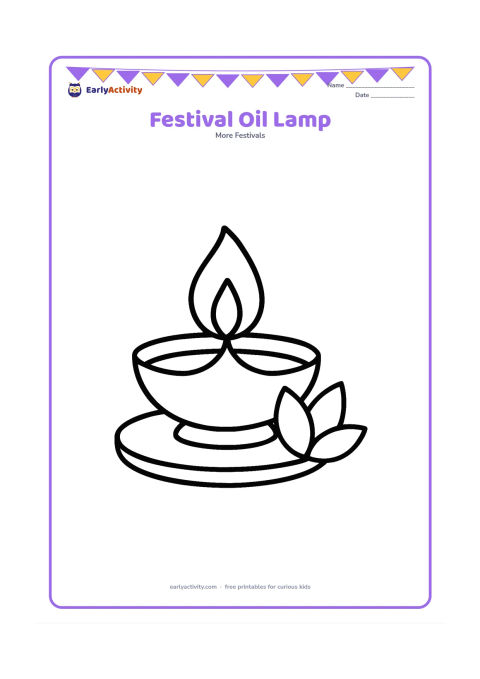 Colouring page: A single traditional Indian oil lamp with a large flame, resting on a simple round tray with two lotus petals nearby. Use a clear front-facing composition.
