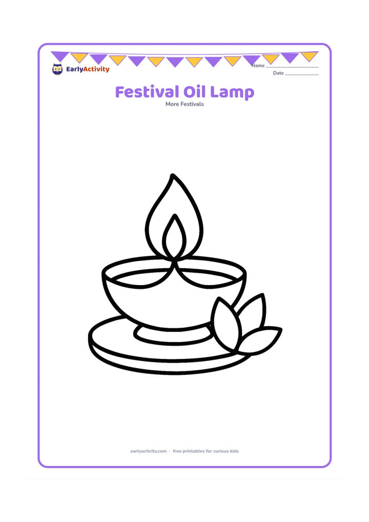 Colouring page: A single traditional Indian oil lamp with a large flame, resting on a simple round tray with two lotus petals nearby. Use a clear front-facing composition.