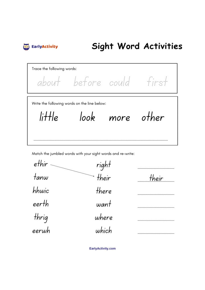 Worksheet with tracing, copying and matching activities for sight words including about, before, could, first and other words.