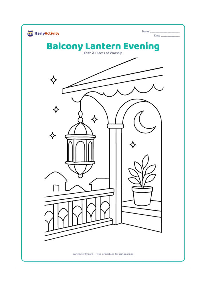 Colouring page: A lantern hangs from an Indian-style home balcony beside a simple railing, potted plant, and crescent moon. Include a few distant rooftops and stars without adding tiny architectural…