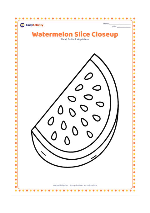 Colouring page: Draw a large cut watermelon slice filling most of the page, showing the thick rind, soft flesh and many seeds in clear sections. Add a few small rind texture marks.