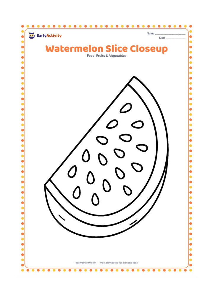 Colouring page: Draw a large cut watermelon slice filling most of the page, showing the thick rind, soft flesh and many seeds in clear sections. Add a few small rind texture marks.