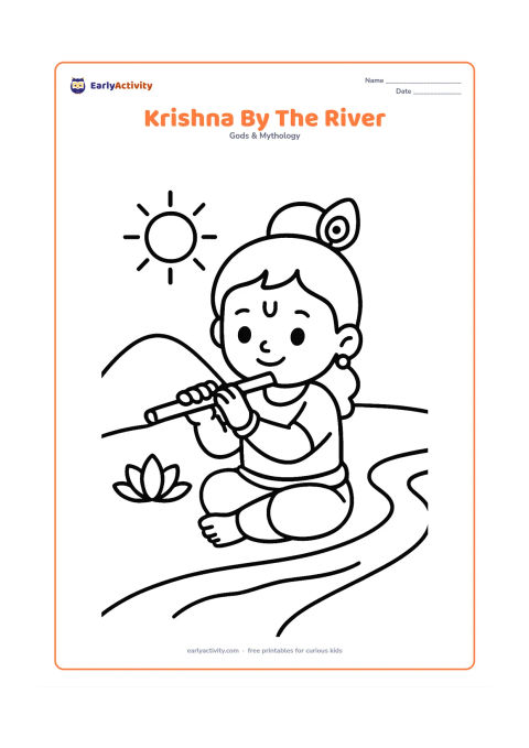 Colouring page: Draw Krishna sitting beside a gently curving river while holding his flute. Add one lotus, a rounded hill, and a simple sun in the background.