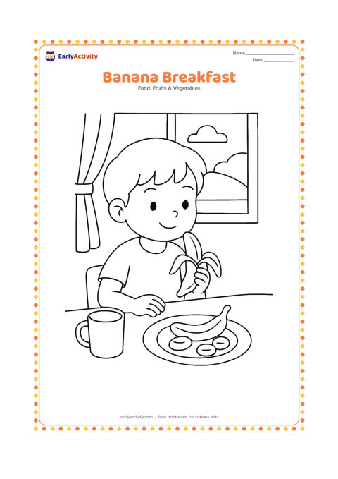 Colouring page: A child sitting at a table with a peeled banana on a plate, a cup, and a few banana pieces, with a simple kitchen window behind.