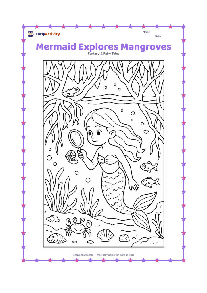 Colouring page: A mermaid swims through clear water beneath Indian mangrove roots, examining a small shell with a magnifying glass. Include exposed roots, mudskippers near the surface, crabs, fish,…