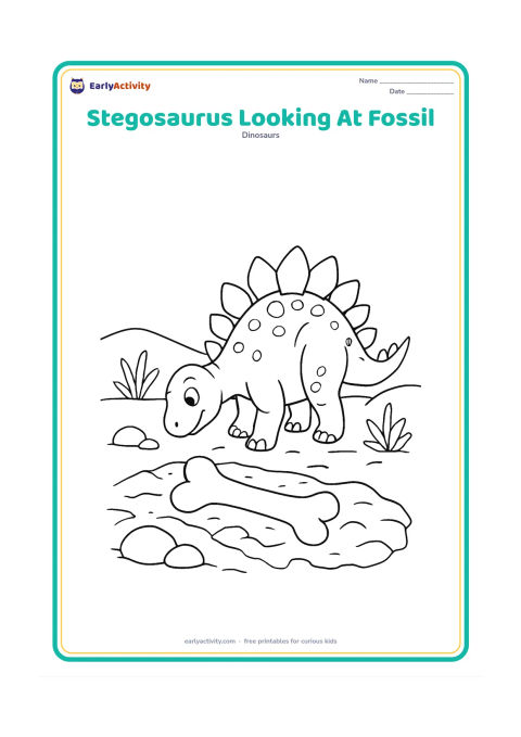Colouring page: Draw a stegosaurus bending toward a large exposed fossil bone in a rocky patch. Include two rounded rocks, a low ridge, and a few plants while keeping the dinosaur dominant.