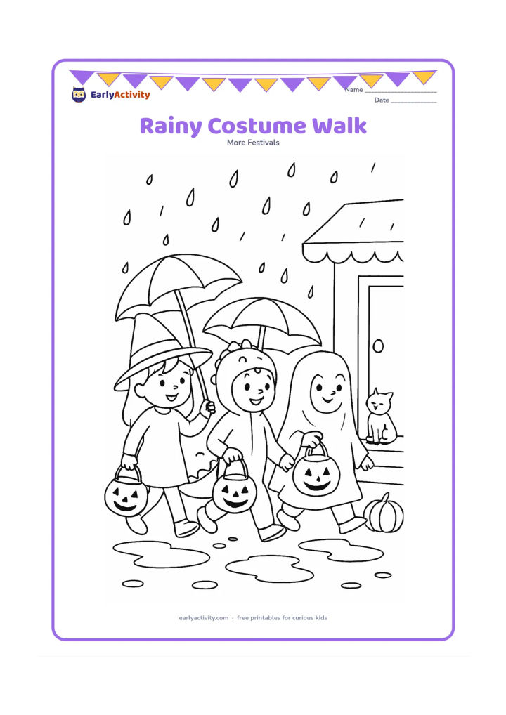 Colouring page: Draw three costumed children walking with umbrellas on a gentle rainy evening, carrying pumpkin buckets. Add puddles, a friendly cat under an awning, round raindrops, and pumpkins near a…