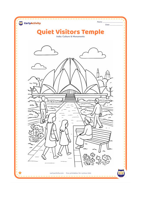 Colouring page: Draw several visitors of different ages quietly walking, sitting, or looking toward the Lotus Temple, with a detailed path, benches, pools, flowering beds, trees, and the Delhi skyline…