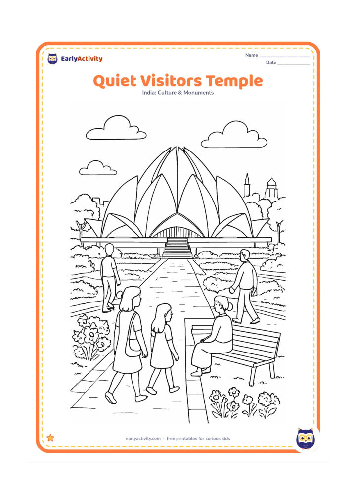 Colouring page: Draw several visitors of different ages quietly walking, sitting, or looking toward the Lotus Temple, with a detailed path, benches, pools, flowering beds, trees, and the Delhi skyline…