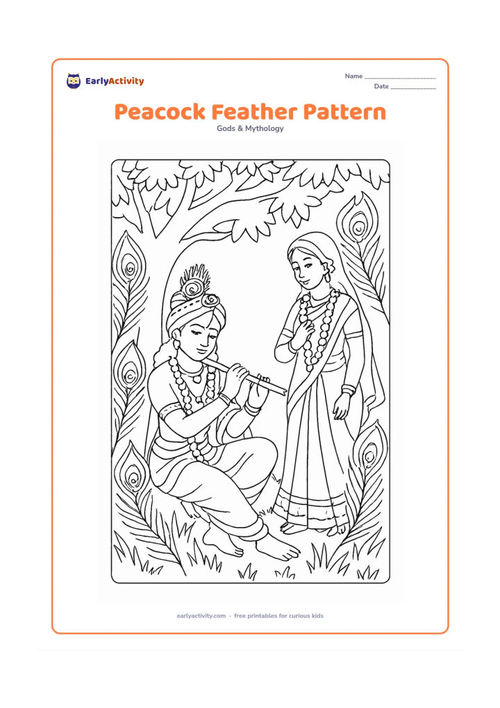 Colouring page: Draw Krishna seated beneath a tree, holding his flute, with several peacock feathers arranged around him like a decorative natural frame. Add Radha standing nearby, flower garlands,…