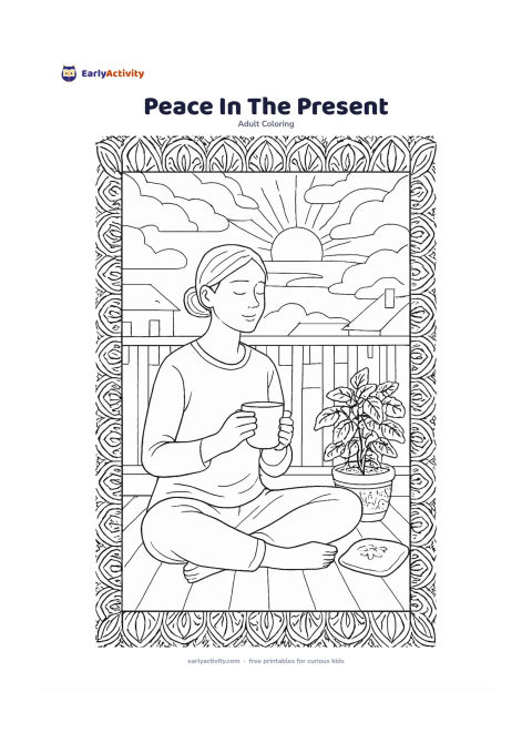 Colouring page: An adult sits cross-legged on a quiet balcony at sunrise, holding a warm cup beside a potted basil plant and a small cushion. Surround the figure with simple railings, distant rooftops,…