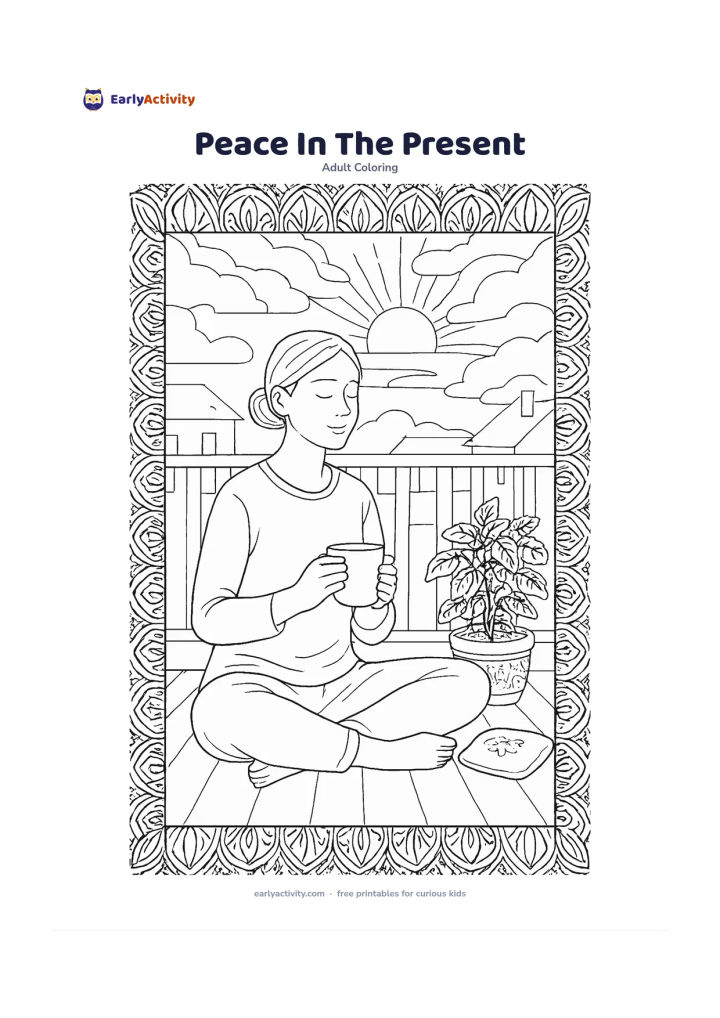 Colouring page: An adult sits cross-legged on a quiet balcony at sunrise, holding a warm cup beside a potted basil plant and a small cushion. Surround the figure with simple railings, distant rooftops,…
