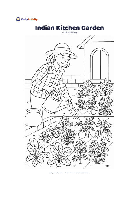 Colouring page: Show a person watering rows of coriander, tomatoes, chillies, and leafy vegetables in a small home garden. Include a clay pot, a low wall, and a simple house doorway behind the plants.