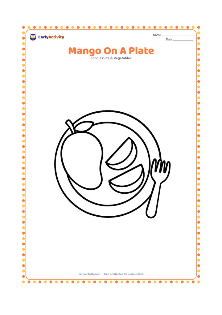 Colouring page: Place one whole mango and two chunky mango pieces on a large plate with a fork nearby.